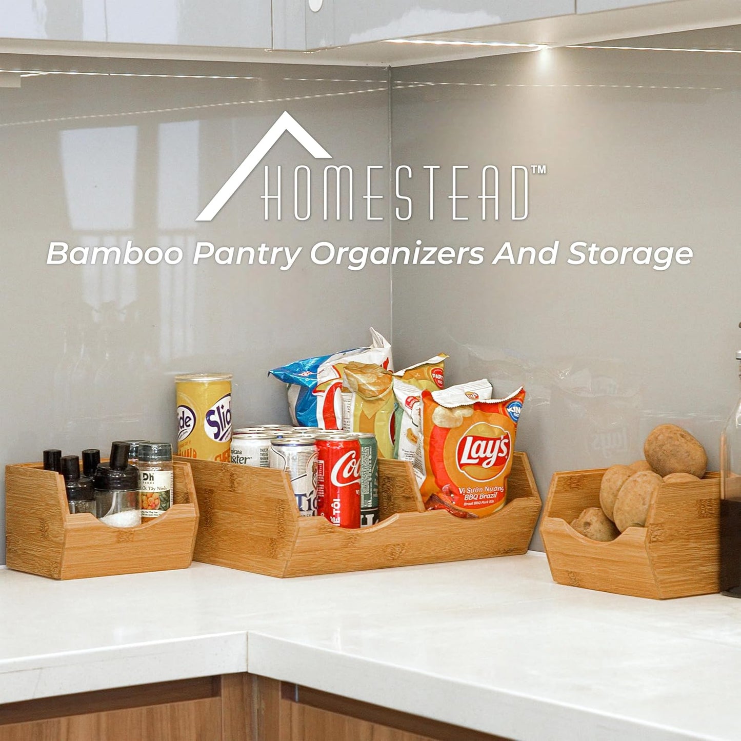 HOMESTEAD Bamboo Pantry Storage Bins โ Stackable Potato & Onion Storage Bin for Kitchen Countertop, Pantry Organizer, Fruit Vegetable Basket, Multiuse - Set of 3 Slide-Out Access