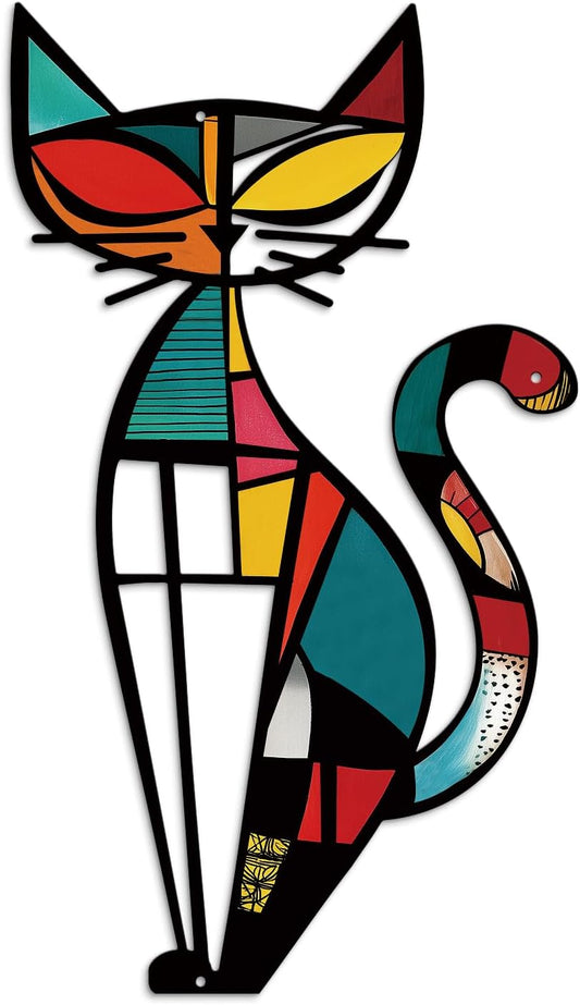 Putuo Decor Cat Metal Wall Decor, Iron Wall Hanging for Cat Lovers, Colorful Mid-Century Geometric Retro Wall Sculpture for Living Room Bedroom Kitchen Office, 13.77 x 9.84 in