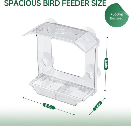 Window Bird Feeder with 4 Extra Strong Suction Cups, Clear Bird Feeder with Dual Seed Tray, Easy to Install & Clean, Birdfeeder for Viewing Wild Birds, Bird Watching Gift, Garden Decor