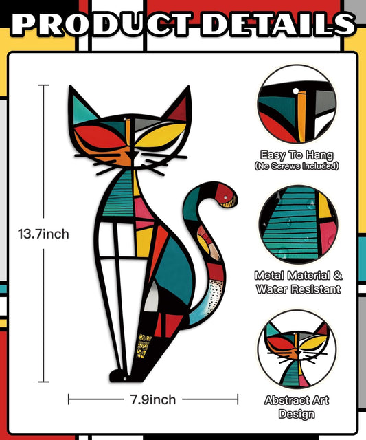 Putuo Decor Cat Metal Wall Decor, Iron Wall Hanging for Cat Lovers, Colorful Mid-Century Geometric Retro Wall Sculpture for Living Room Bedroom Kitchen Office, 13.77 x 9.84 in