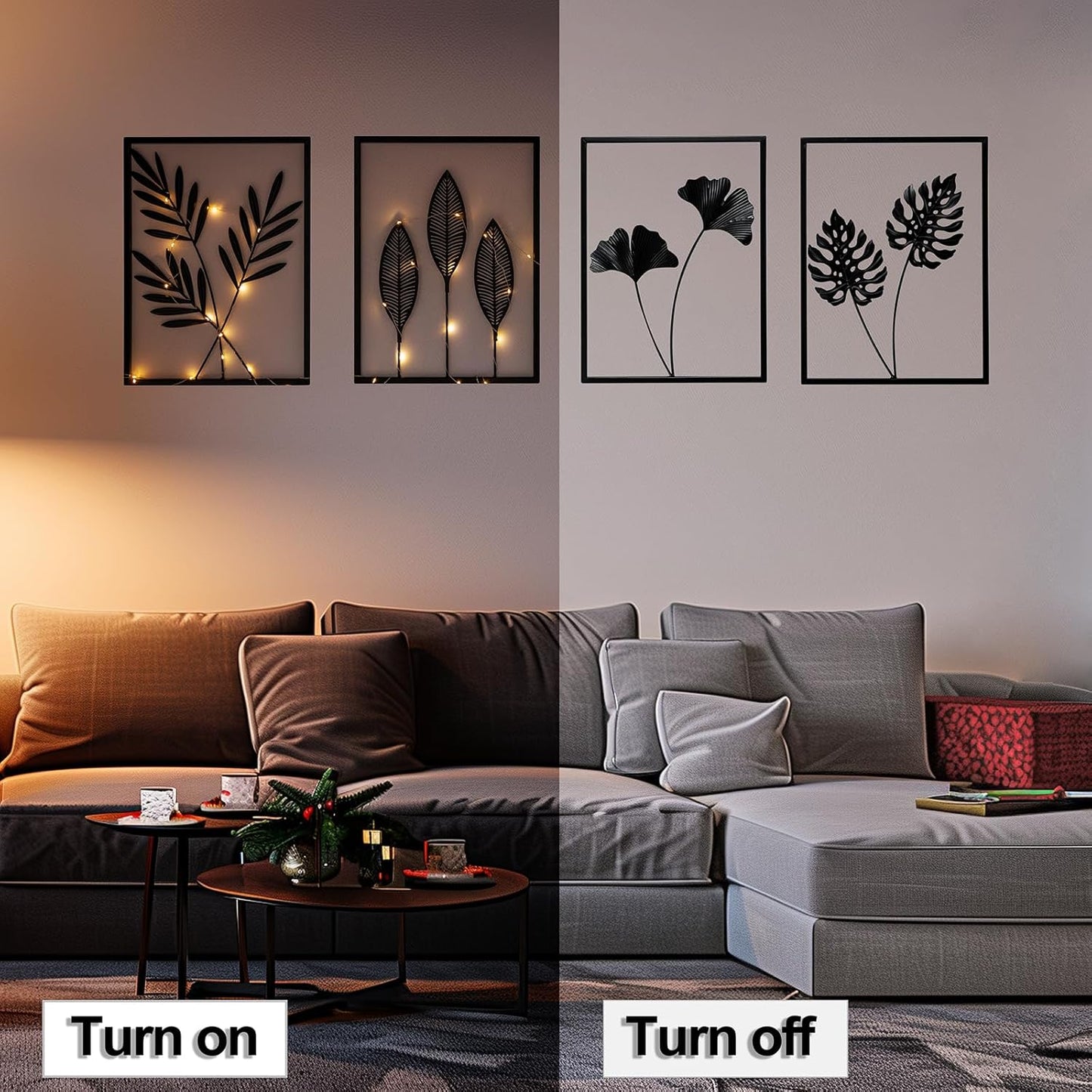 QXSXKJ Black Metal Wall Decor Framed, 3d Modern Metal Wall Art with Light, Minimalist Abstract Black Line Art DéCor, 4 Piece Home Art for Living Room Bedroom Bathroom