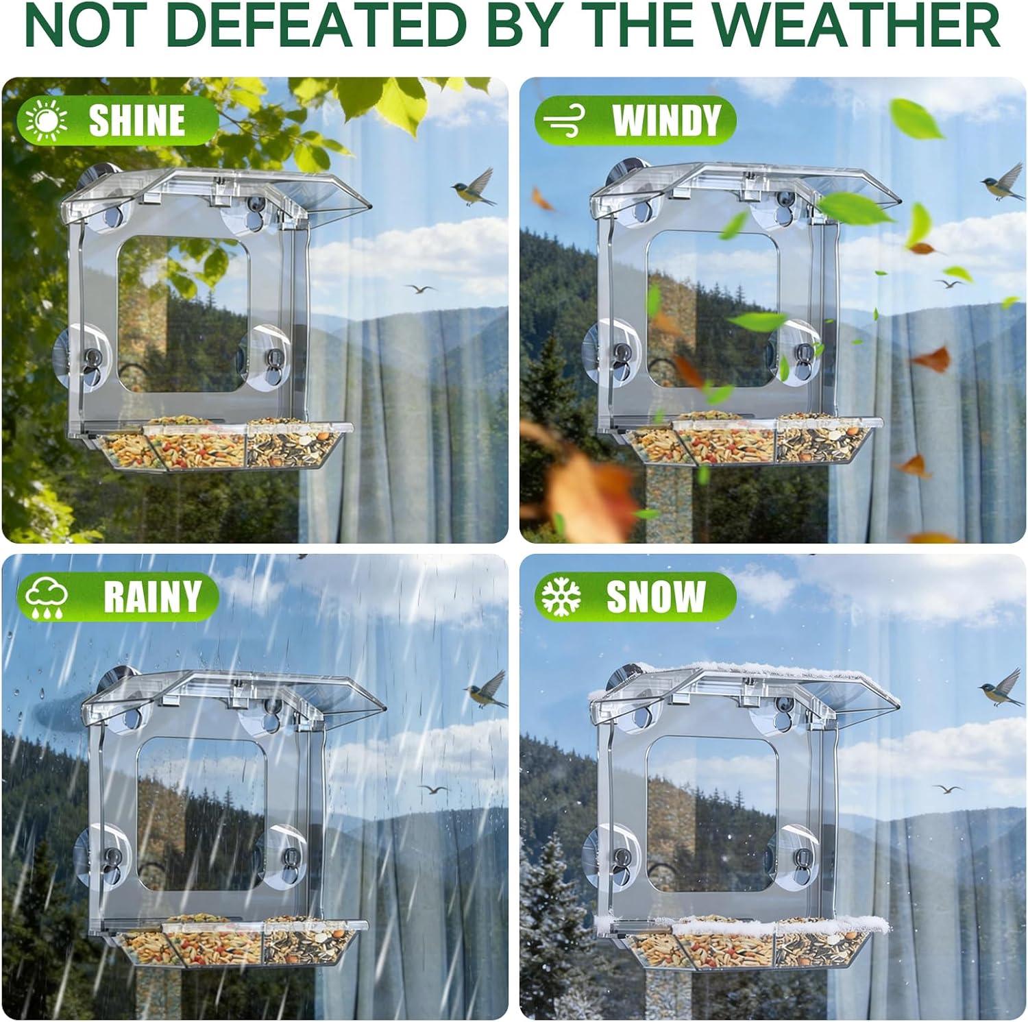 Window Bird Feeder with 4 Extra Strong Suction Cups, Clear Bird Feeder with Dual Seed Tray, Easy to Install & Clean, Birdfeeder for Viewing Wild Birds, Bird Watching Gift, Garden Decor