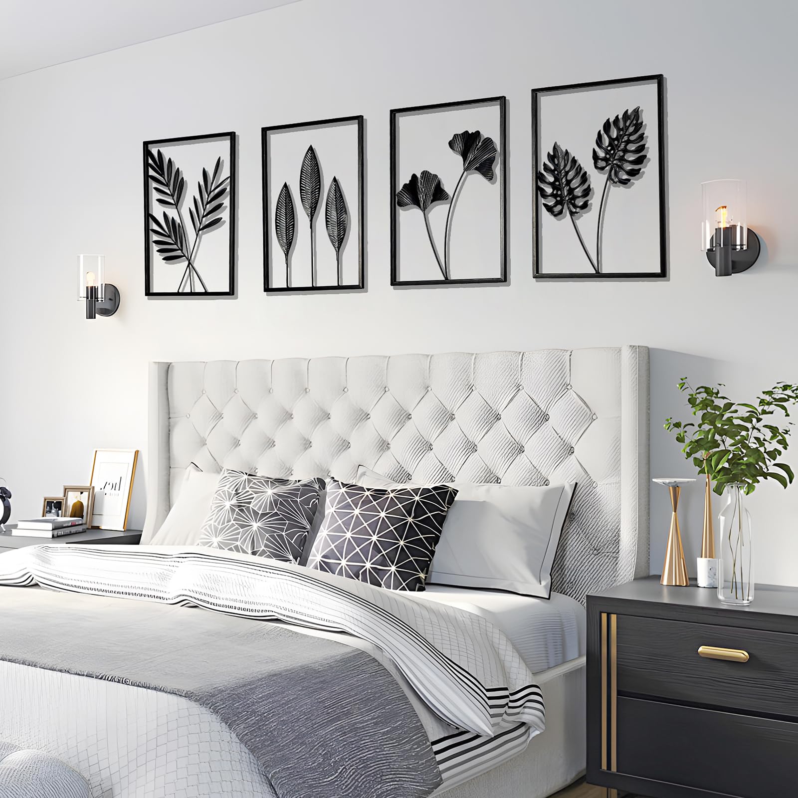QXSXKJ Black Metal Wall Decor Framed, 3d Modern Metal Wall Art with Light, Minimalist Abstract Black Line Art DéCor, 4 Piece Home Art for Living Room Bedroom Bathroom